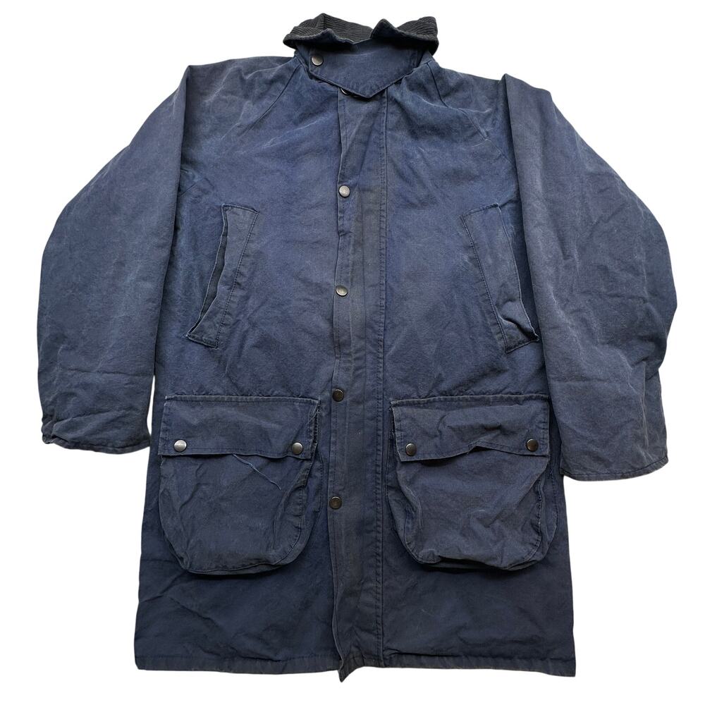 Vintage Shires Waxed Cotton Chore Work Coat Mens 38 Medium Plaid Lined Navy Blue